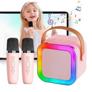 Diversão Musical Garantida: Mini Karaokê Portátil Infantil com 2 Microfones e Luzes RGB