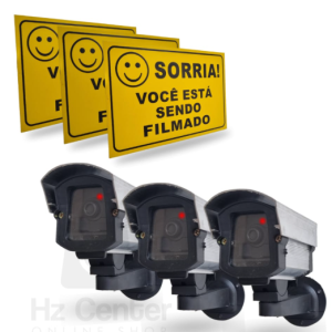 Kit Câmera Falsa de Segurança com LED + Placas de Aviso